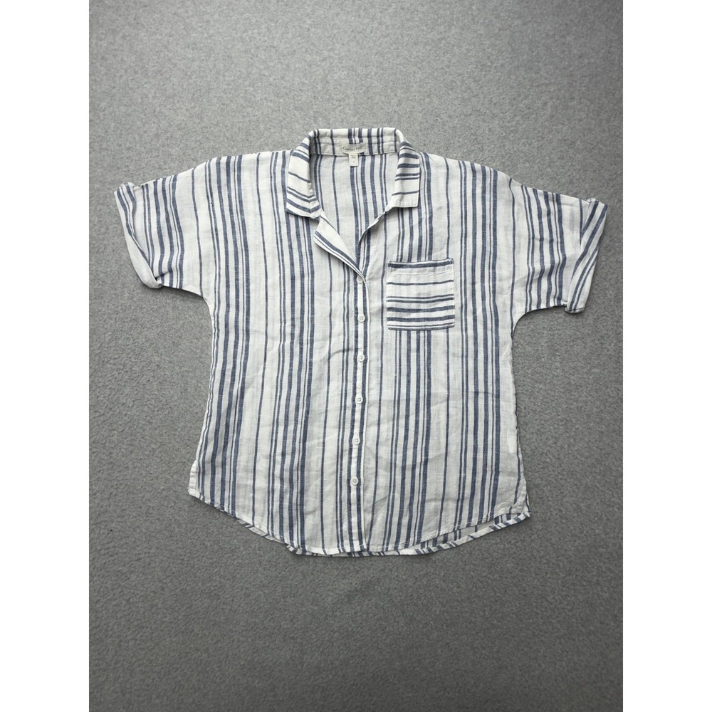 Garnet Hill Shirt Womens 4 White Blue Stripe 100% Linen Short Sleeve Button